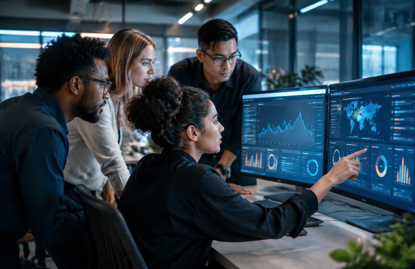 Marketing professionals reviewing digital analytics dashboards in a modern office environment.